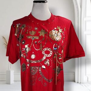 Vintage 80s Embellished Red T Shirt OSFA Crew Red Metallic Gold Single Stitch